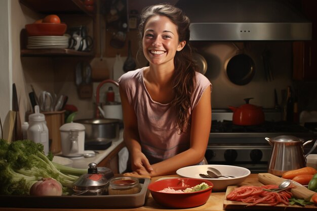 写真 料理の準備をしているキッチンの女性