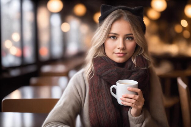 写真 編み帽子をかぶった女性がスカーフをかぶって快適なカフェでコーヒーを飲んでいますファッション・グラマー・アート