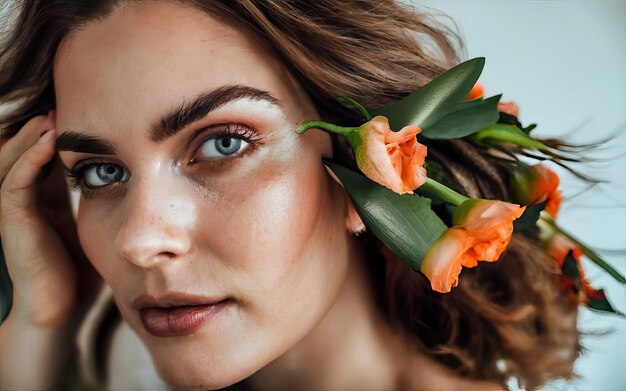 写真 花を持った写真の女性