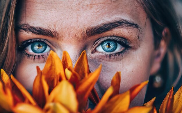 写真 花を持った写真の女性