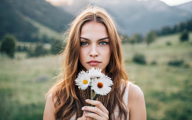 写真 花を持った写真の女性