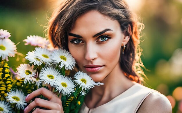 写真 花を持った写真の女性