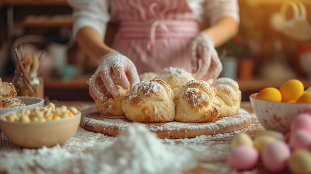 写真 ピンクのエプロンを着た女性がペーストを作っている