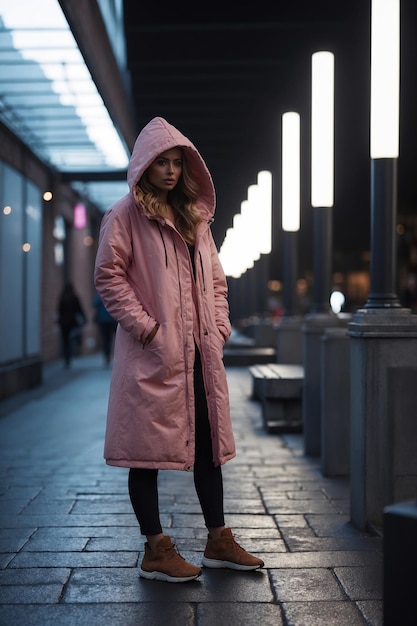 写真 街の歩道に立っているピンクのフードジャケットの女性