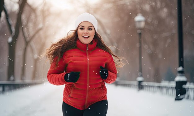 Фото Женщина в красной куртке бежит по снегу