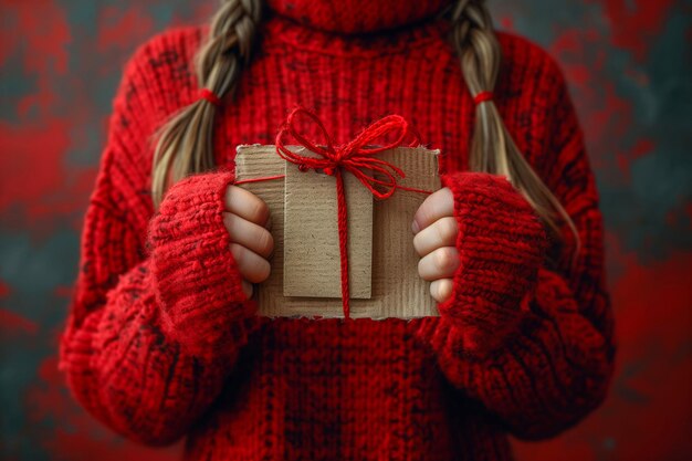 写真 赤いセーターを着た女性が手作りの紙に包まれたプレゼントを手に赤い糸の弓で包んだ