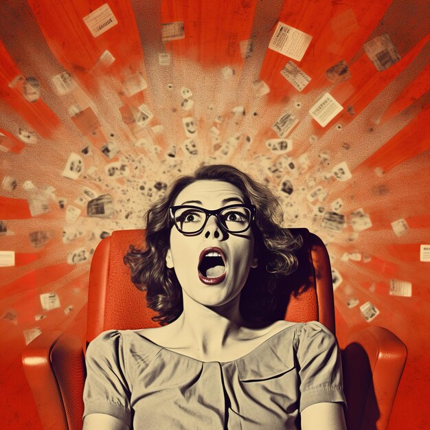 Фото Женщина в стиле ретро с большим энтузиазмом смотрит фильм в кинотеатре с выражением красных стульев