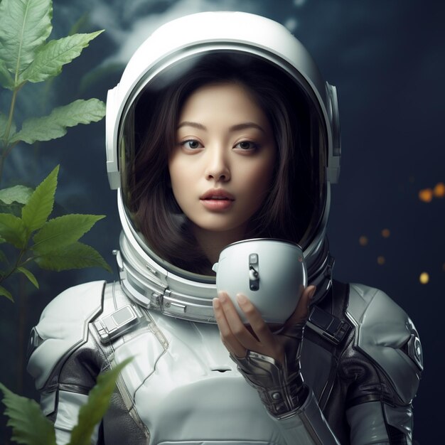 写真 植物生成aiの前でコーヒーを飲んでいる宇宙服の女性