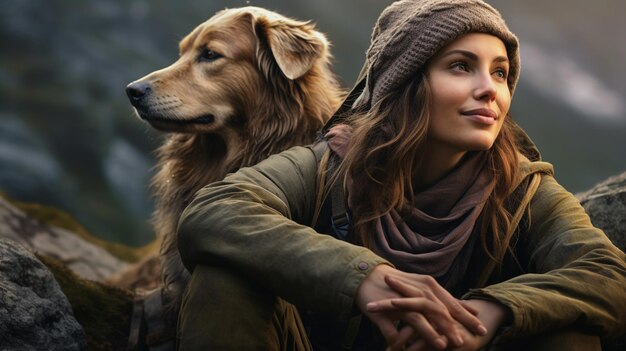 写真 犬と一緒に山にいる女性 ⁇