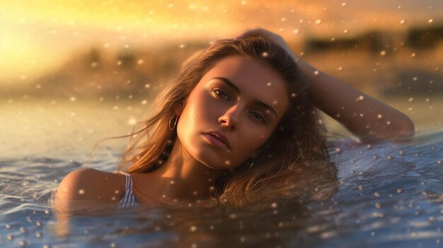 Фото Женщина в воде с золотым закатом