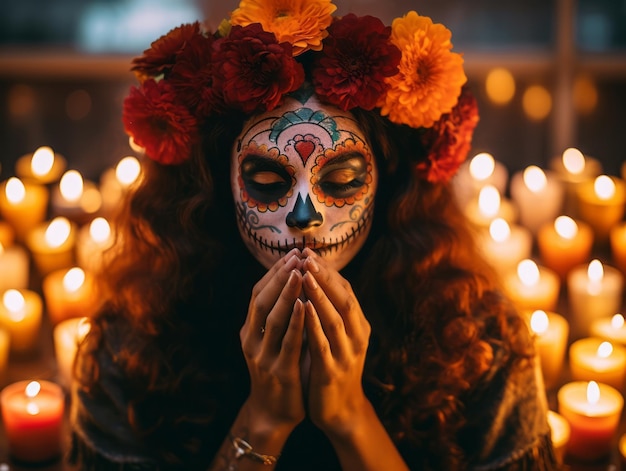 Фото Женщина в ярком макияже калавера празднует день мертвых