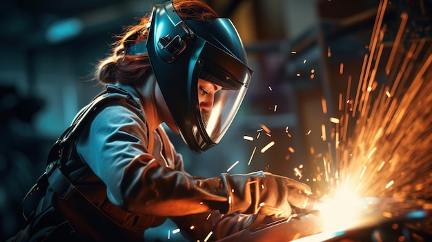 写真 溶接ヘルメットをかぶった女性がワークショップで金属の塊を加工している火花が飛び回っている女性溶接工
