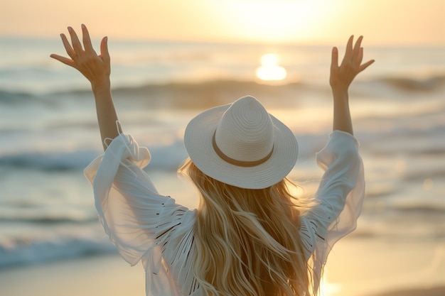 Фото Женщина в белой шляпе обнимает солнце в золотой час у моря