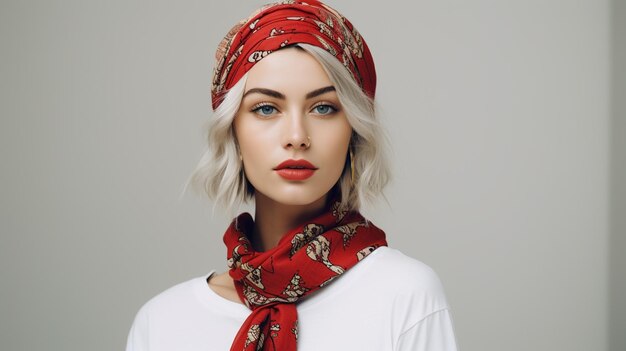写真 白いヘッドスカーフとスカーフの女性 ファッション 赤い唇の女性 美しさとファッション