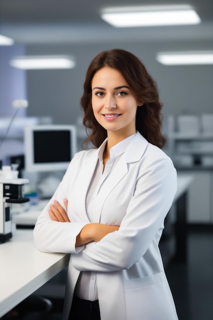사진 백색 실험실 코트를 입은 여성이 현미경 앞에 서 있습니다.