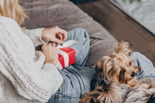 写真 白い冬のセーターを着た女性が小さな犬と一緒にソファに座って、贈り物の赤い箱を開けます。