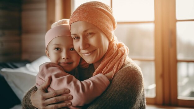 Photo woman indoors cuddling her cancerstricken mother generative ai