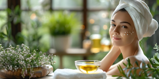 A woman indulges in a luxurious spa ritual lavishing her skin with nourishing oil Concept Spa Ritual Luxurious Experience Nourishing Skincare Relaxation Pampering Session