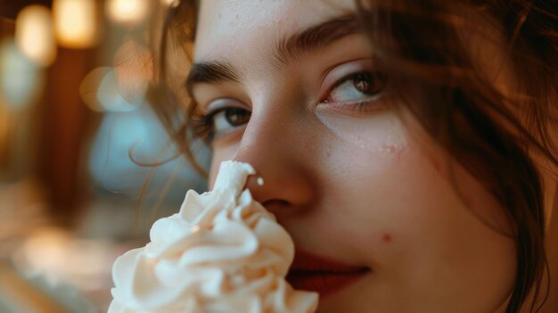 A woman indulges in a soft serve ice cream cone with a smile in a bakery aig