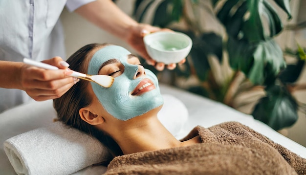 Photo woman indulges in spa mask treatment epitomizing relaxation and selfcare in a tranquil beauty salo