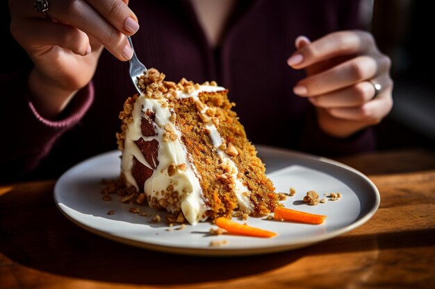 Woman indulging in a slice of classic Boston cream pie