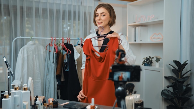 Woman influencer shoot live streaming vlog video review clothes prim social