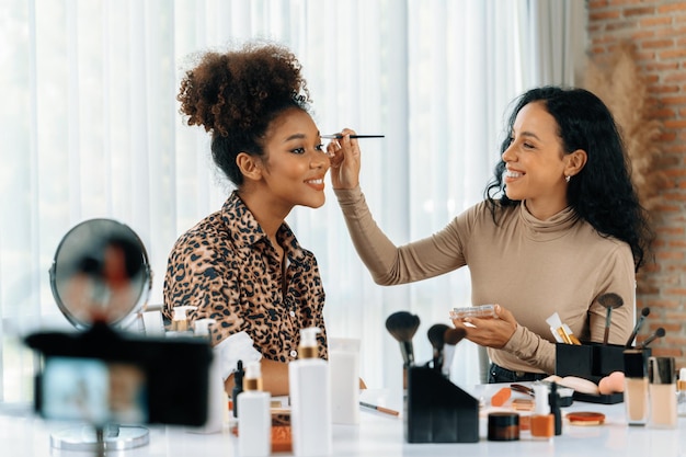 woman influencer shoot live streaming vlog video review makeup crucial social