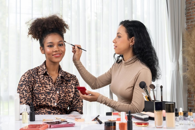 Woman influencer shoot live streaming vlog video review makeup crucial social