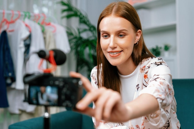 Woman influencer shoot live streaming vlog video review makeup utmost social