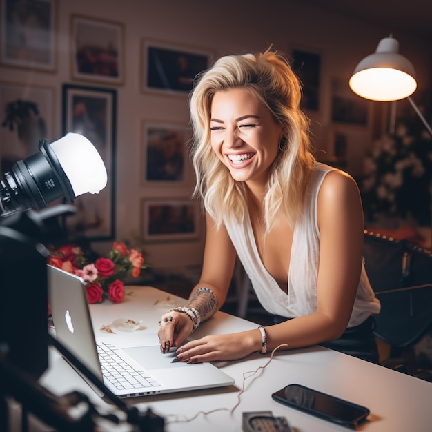 Photo woman influencer working in studio