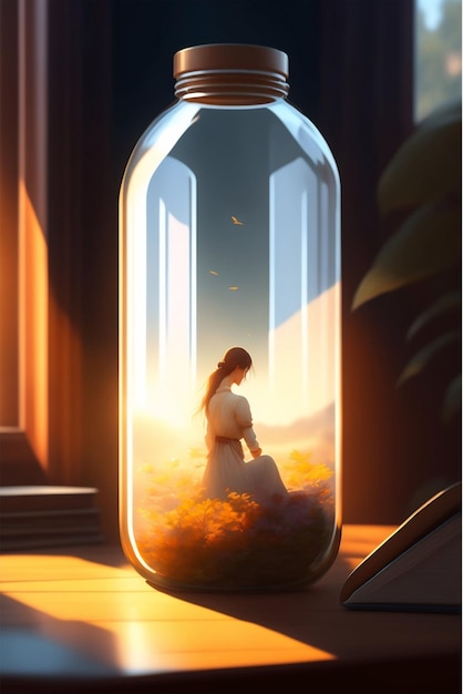 Foto una donna all'interno di una bottiglia di vetro su un marrone disordinato