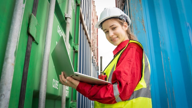 Ispettore donna caposquadra che controlla il carico in container cargo customterminal port foerman usa il laptop per controllare il concetto di carico import export trasporto e servizio di assicurazione logistica