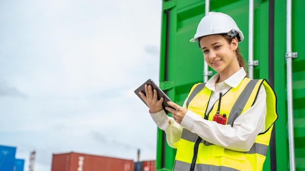 Woman inspector manager checking cargo in container cargo\
customterminal port woman use tablet for checking cargo concept\
import export transportation and logistic insurance service