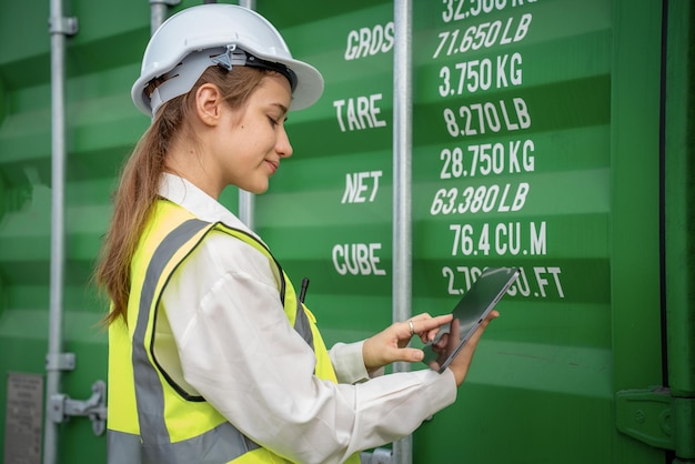 Foto ispettore donna manager che controlla il carico in container cargo customterminal port donna usa tablet per controllare il concetto di carico import export trasporto e servizio di assicurazione logistica