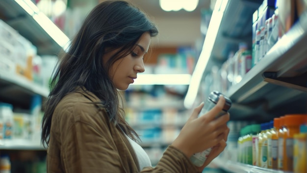 Woman intently reading labels while grocery shopping