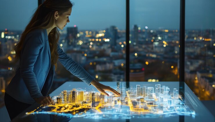 Woman Interacting with a Cityscape Hologram