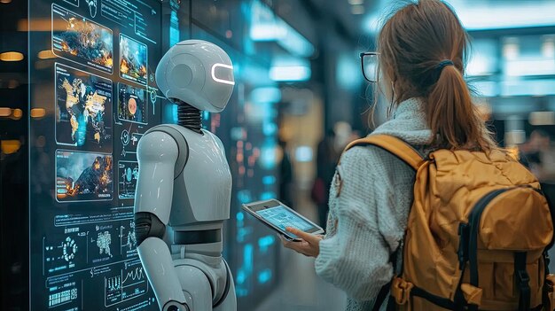 デジタルタブレットを使ってヒューマノイドロボットと対話する女性 技術革新 人工知能 ロボットデータ分析 インタラクティブインターフェース 未来コンセプト AIによる生成