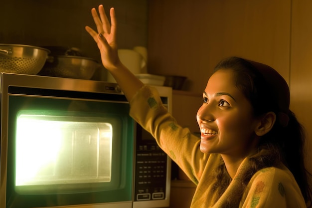 Photo woman interacting with microwave