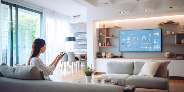 woman interacting with modern smart home