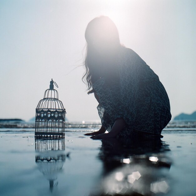 写真 空の向こうのビーチで女性のイオン海岸