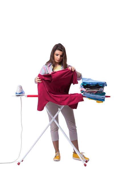 Woman ironing clothing isolated on white