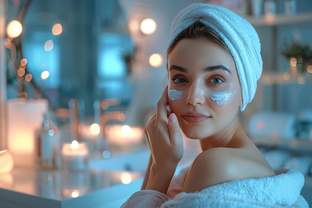 A woman is applying makeup in front of a mirror