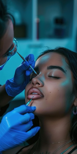 a woman is applying makeup on her face