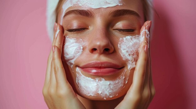 Woman is applying white cream to her face