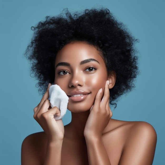 A woman is applying a white wash on her face