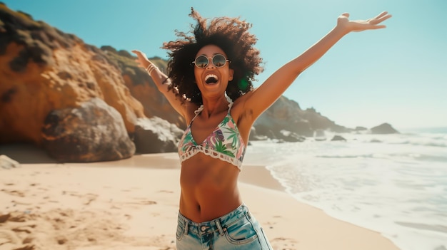 Photo a woman is on a beach in summer celebrating with her arms in the air and a big smile on her face