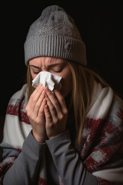 Foto una donna si soffia il naso mentre indossa un cappello invernale