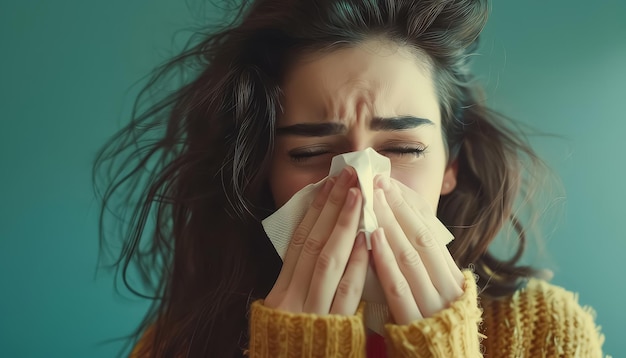 A woman is blowing her nose with a tissue