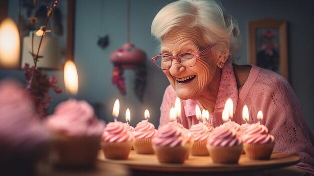 Photo woman is blowing out the candles on the cupcakes