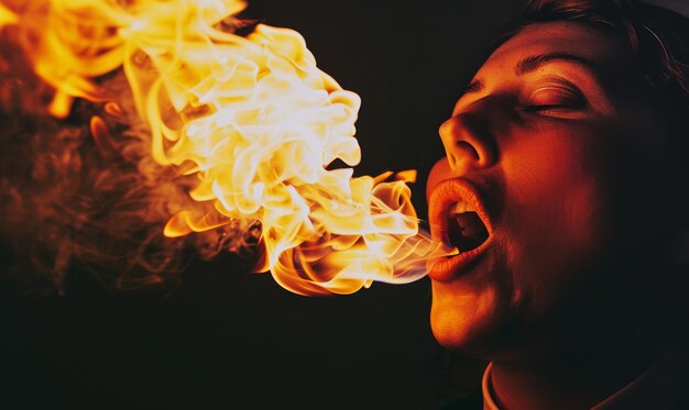 Photo a woman is blowing out a flame from her mouth